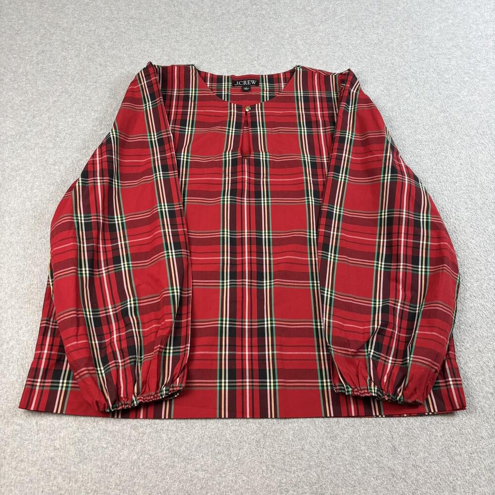 J Crew Shirt Women Large Red Plaid Balloon Sleeve Keyhole Academia Heritage Prep
